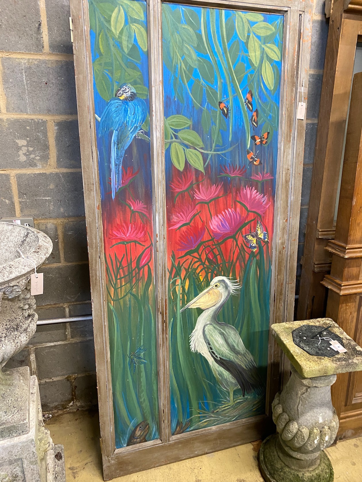 A painted panelled four fold screen decorated with birds, exotic butterflies and flowers, each panel width 91cm, height 212cm